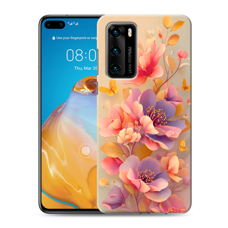 Пластиковый чехол на Huawei P40 с принтом Цветы и бабочки Пластиковый чехол на Huawei P40 с принтом Цветы и бабочки
