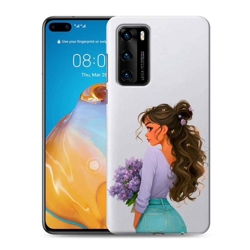 Силиконовый противоударный чехол на Huawei P40 с принтом девушка цветы Силиконовый противоударный чехол на Huawei P40 с принтом девушка цветы