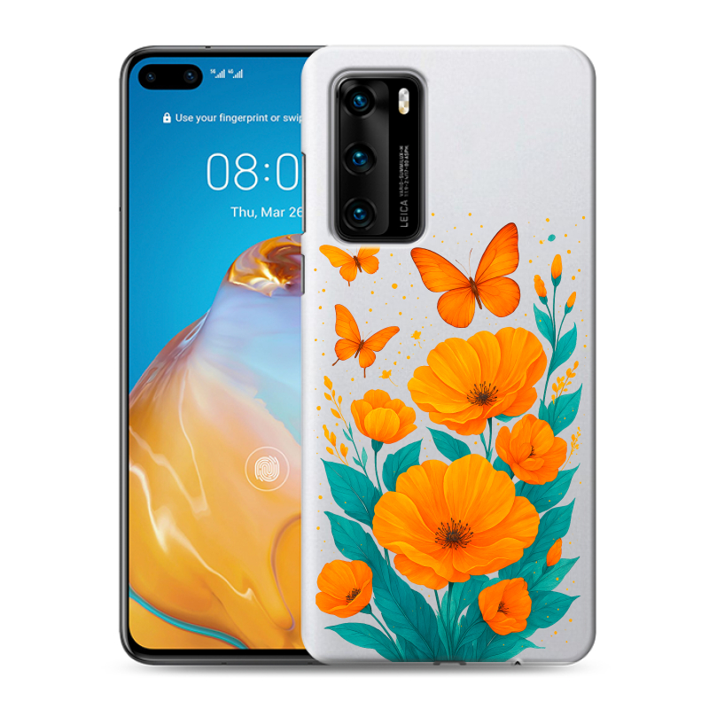 Пластиковый чехол на Huawei P40 с принтом цветы бабочки Пластиковый чехол на Huawei P40 с принтом цветы бабочки