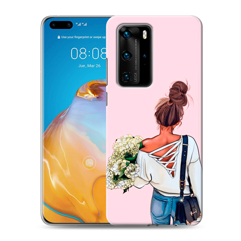 Силиконовый чехол на Huawei P40 Pro с принтом Девушка и букет Силиконовый чехол на Huawei P40 Pro с принтом Девушка и букет