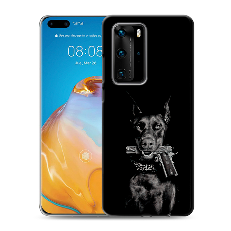 Пластиковый чехол на Huawei P40 Pro с принтом Доберман и пистолет Пластиковый чехол на Huawei P40 Pro с принтом Доберман и пистолет