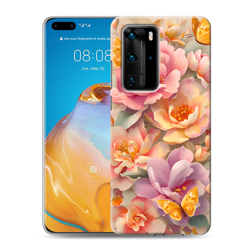 Силиконовый противоударный чехол на Huawei P40 Pro с принтом Цветы и бабочки Силиконовый противоударный чехол на Huawei P40 Pro с принтом Цветы и бабочки