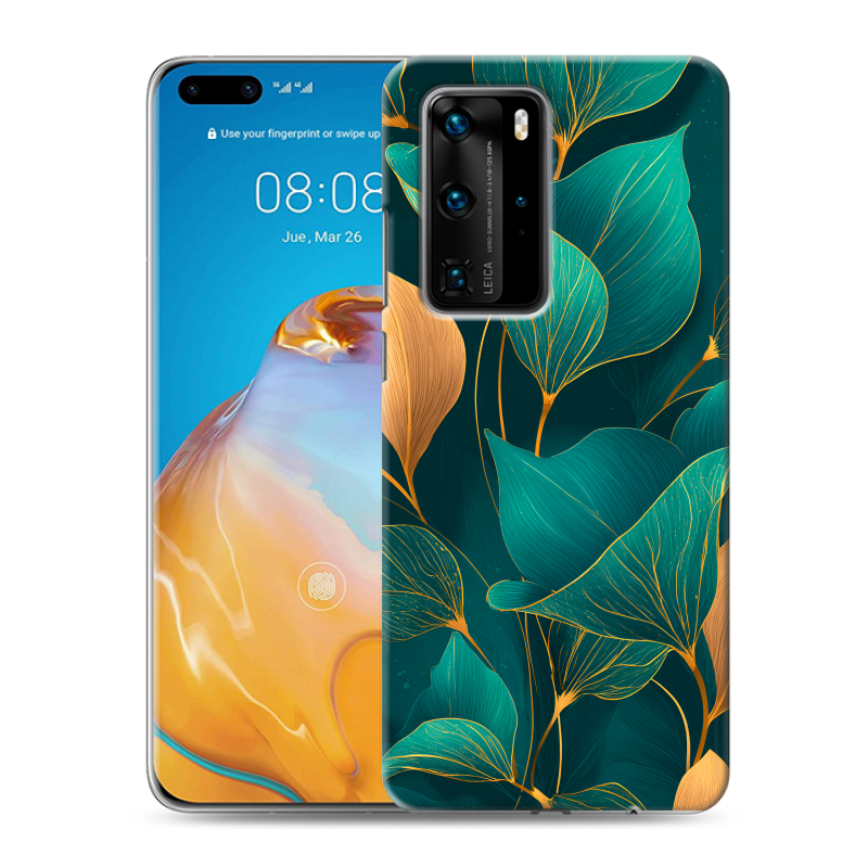 Силиконовый противоударный чехол на Huawei P40 Pro с принтом Листья и золото Силиконовый противоударный чехол на Huawei P40 Pro с принтом Листья и золото