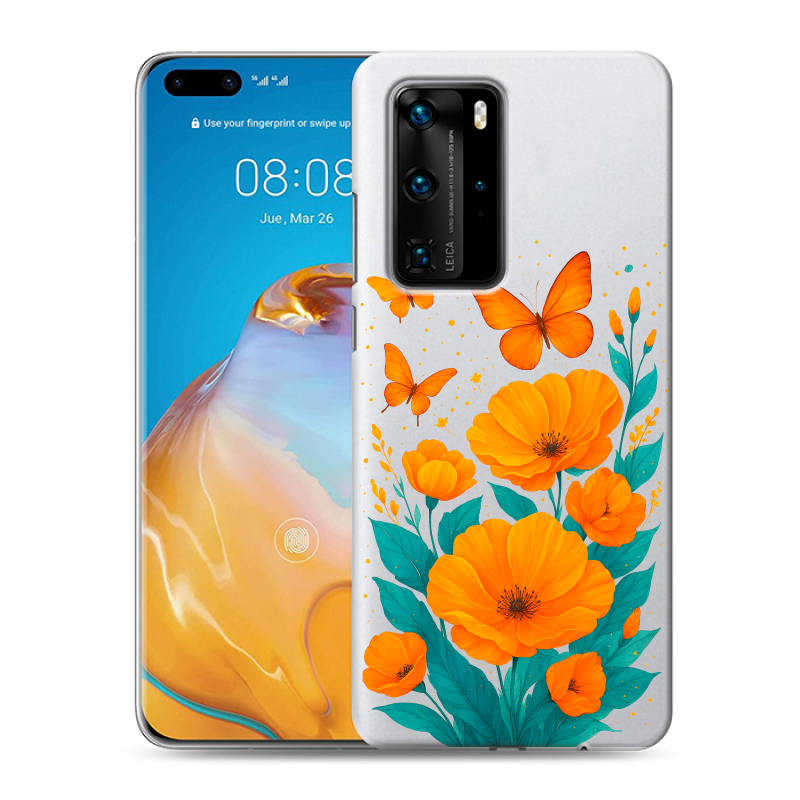 Силиконовый противоударный чехол на Huawei P40 Pro с принтом цветы бабочки Силиконовый противоударный чехол на Huawei P40 Pro с принтом цветы бабочки