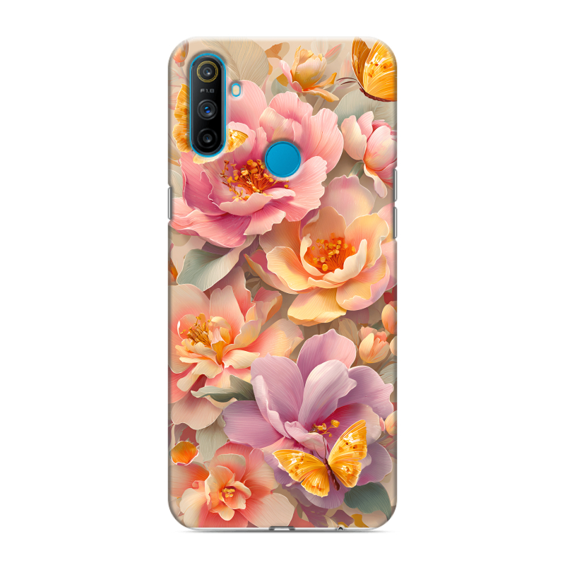 Силиконовый противоударный чехол на Realme C3 с принтом Цветы и бабочки Силиконовый противоударный чехол на Realme C3 с принтом Цветы и бабочки