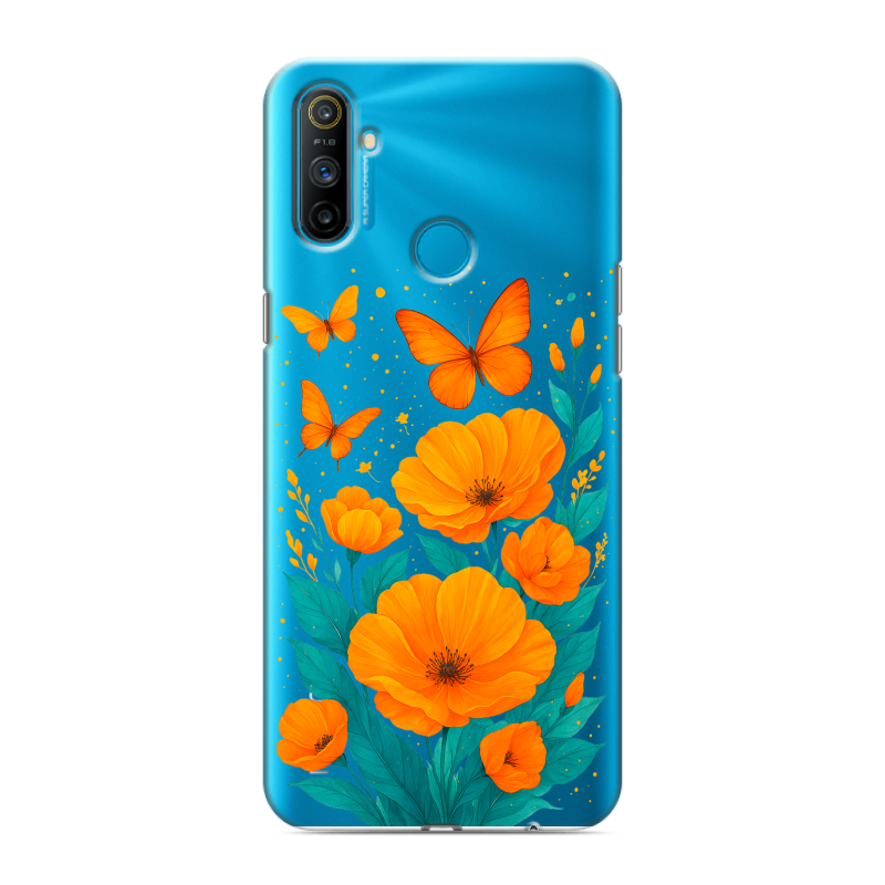 Силиконовый противоударный чехол на Realme C3 с принтом цветы бабочки Силиконовый противоударный чехол на Realme C3 с принтом цветы бабочки