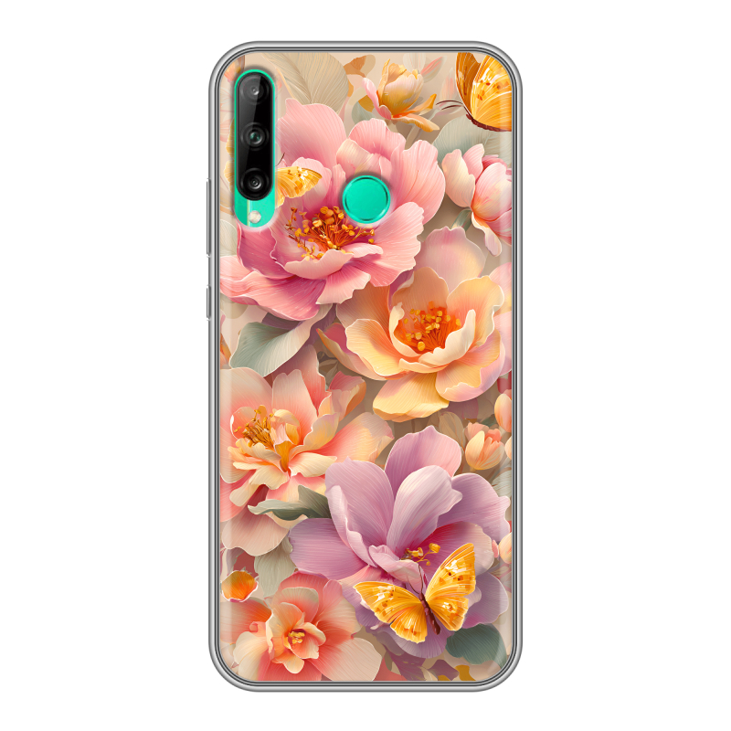 Силиконовый чехол на Huawei P40 Lite E с принтом Цветы и бабочки Силиконовый чехол на Huawei P40 Lite E с принтом Цветы и бабочки