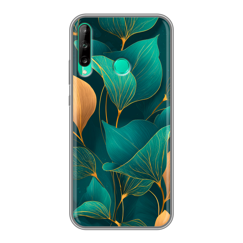 Силиконовый чехол на Huawei P40 Lite E с принтом Листья и золото Силиконовый чехол на Huawei P40 Lite E с принтом Листья и золото