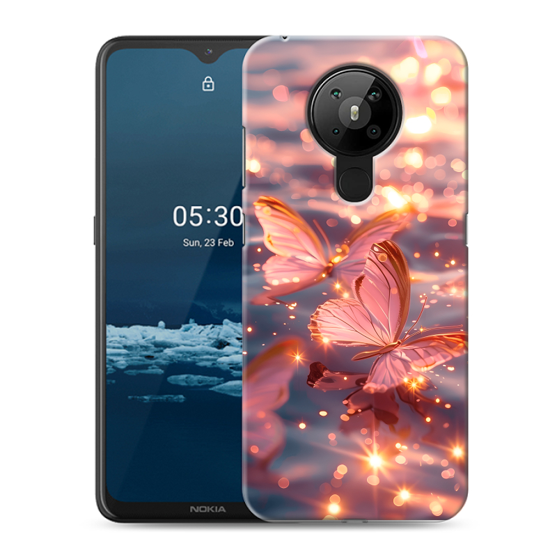 Силиконовый противоударный чехол на Nokia 5.3 с принтом бабочки розовые Силиконовый противоударный чехол на Nokia 5.3 с принтом бабочки розовые