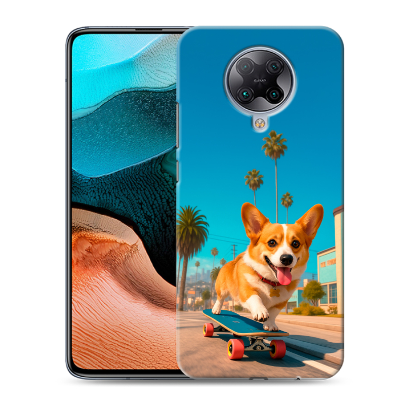 Силиконовый противоударный чехол на Xiaomi RedMi K30 Pro с принтом Корги на скейте Силиконовый противоударный чехол на Xiaomi RedMi K30 Pro с принтом Корги на скейте