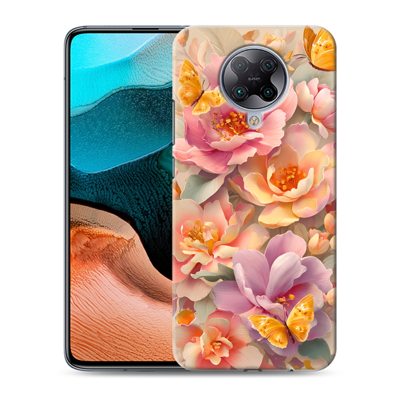 Силиконовый противоударный чехол на Xiaomi RedMi K30 Pro с принтом Цветы и бабочки Силиконовый противоударный чехол на Xiaomi RedMi K30 Pro с принтом Цветы и бабочки