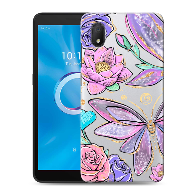Силиконовый чехол на Alcatel 1B (2020) с принтом Бабочки и цветы Силиконовый чехол на Alcatel 1B (2020) с принтом Бабочки и цветы