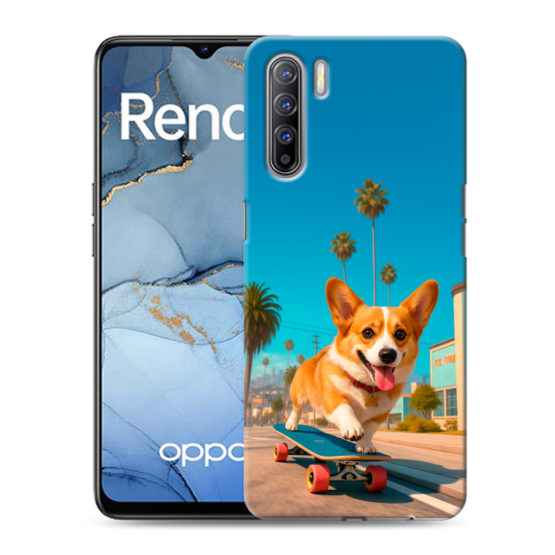 Силиконовый противоударный чехол на OPPO Reno3 с принтом Корги на скейте Силиконовый противоударный чехол на OPPO Reno3 с принтом Корги на скейте