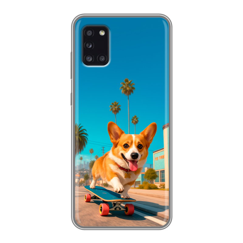 Силиконовый противоударный чехол на Samsung Galaxy A31 с принтом Корги на скейте Силиконовый противоударный чехол на Samsung Galaxy A31 с принтом Корги на скейте
