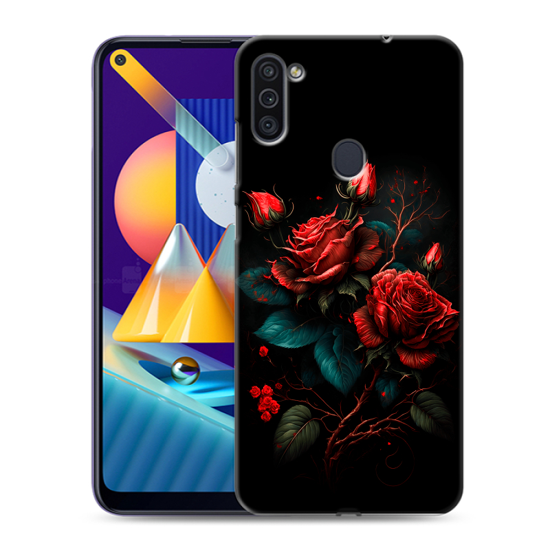 Силиконовый противоударный чехол на Samsung Galaxy M11 с принтом Розы красные Силиконовый противоударный чехол на Samsung Galaxy M11 с принтом Розы красные