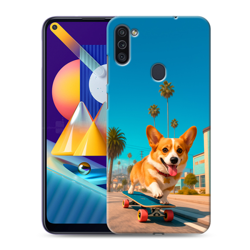 Пластиковый чехол на Samsung Galaxy M11 с принтом Корги на скейте Пластиковый чехол на Samsung Galaxy M11 с принтом Корги на скейте