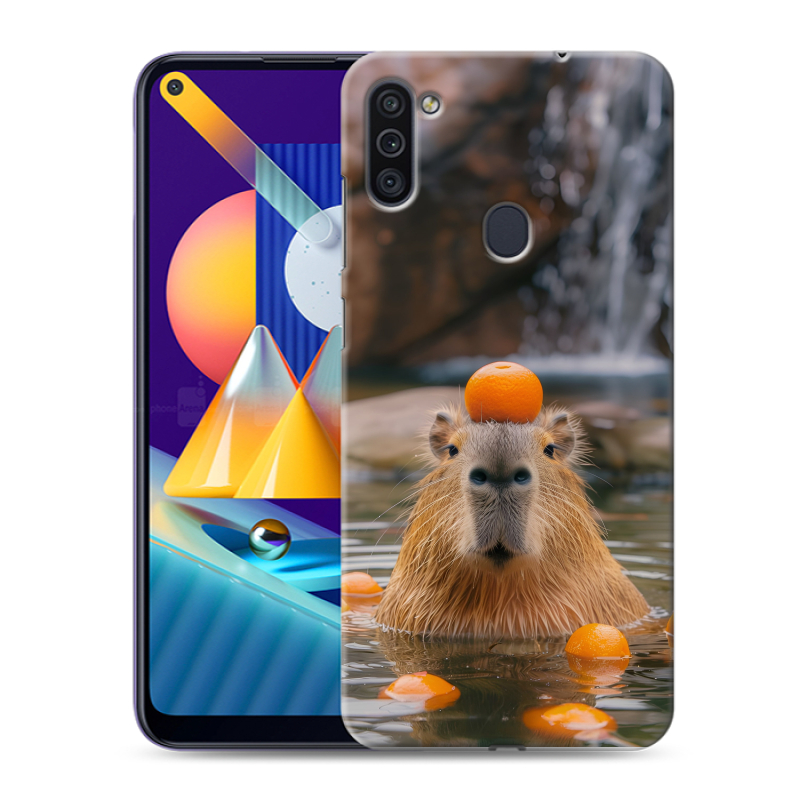Пластиковый чехол на Samsung Galaxy M11 с принтом Капибара с апельсином Пластиковый чехол на Samsung Galaxy M11 с принтом Капибара с апельсином