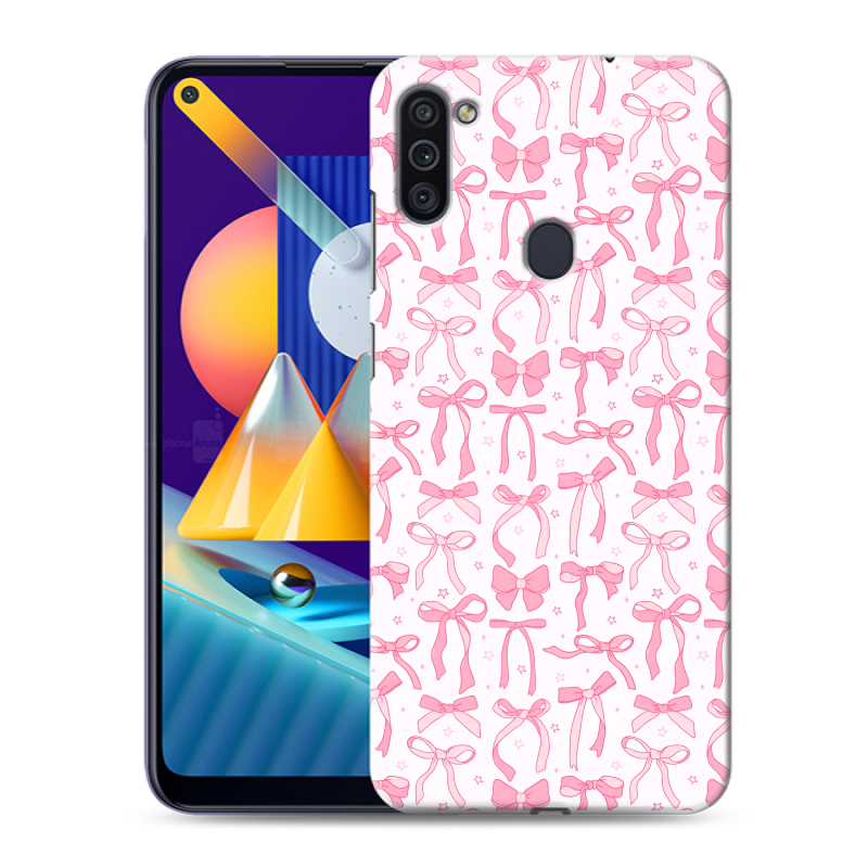 Силиконовый противоударный чехол на Samsung Galaxy M11 с принтом Розовые бантики Силиконовый противоударный чехол на Samsung Galaxy M11 с принтом Розовые бантики