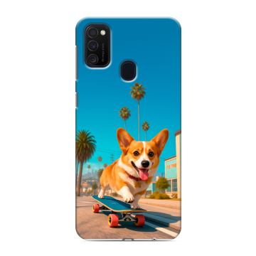 Силиконовый чехол на Samsung Galaxy M21 с принтом Корги на скейте Силиконовый чехол на Samsung Galaxy M21 с принтом Корги на скейте