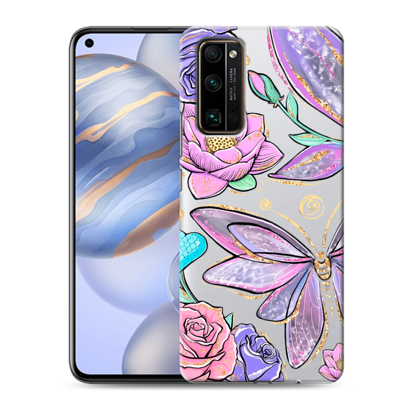 Силиконовый противоударный чехол на Huawei Honor 30 с принтом Бабочки и цветы Силиконовый противоударный чехол на Huawei Honor 30 с принтом Бабочки и цветы