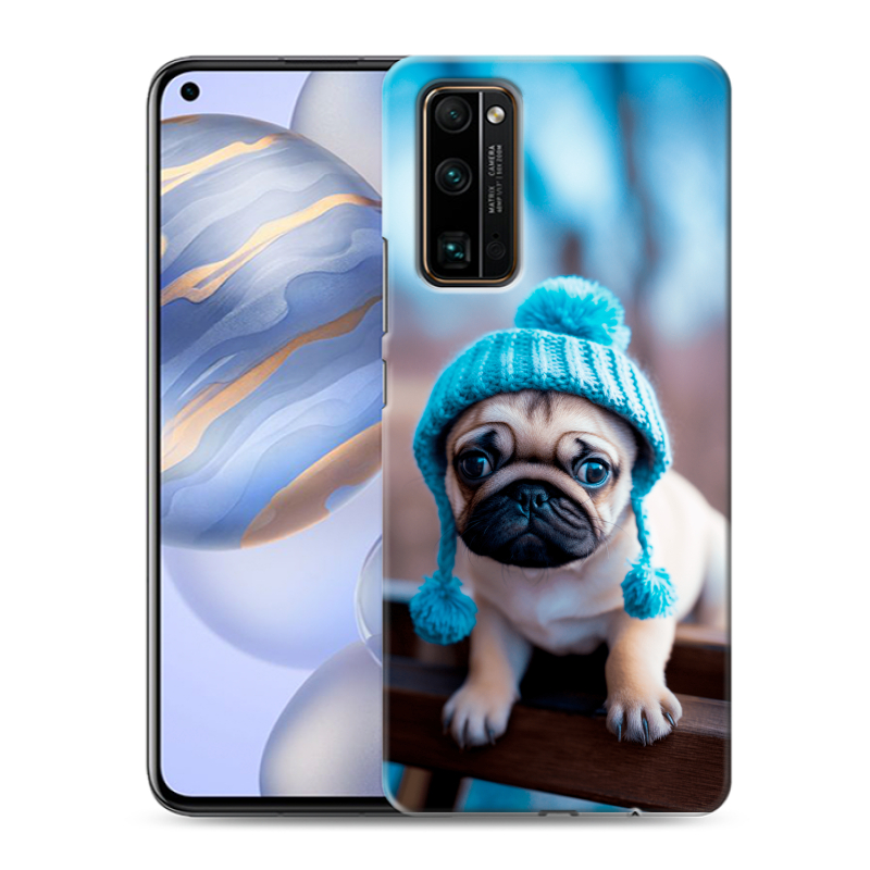 Силиконовый противоударный чехол на Huawei Honor 30 с принтом Мопс в шапке Силиконовый противоударный чехол на Huawei Honor 30 с принтом Мопс в шапке