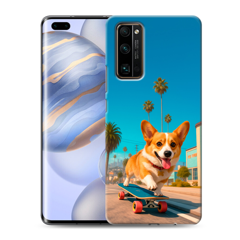 Силиконовый противоударный чехол на Huawei Honor 30 Pro с принтом Корги на скейте Силиконовый противоударный чехол на Huawei Honor 30 Pro с принтом Корги на скейте