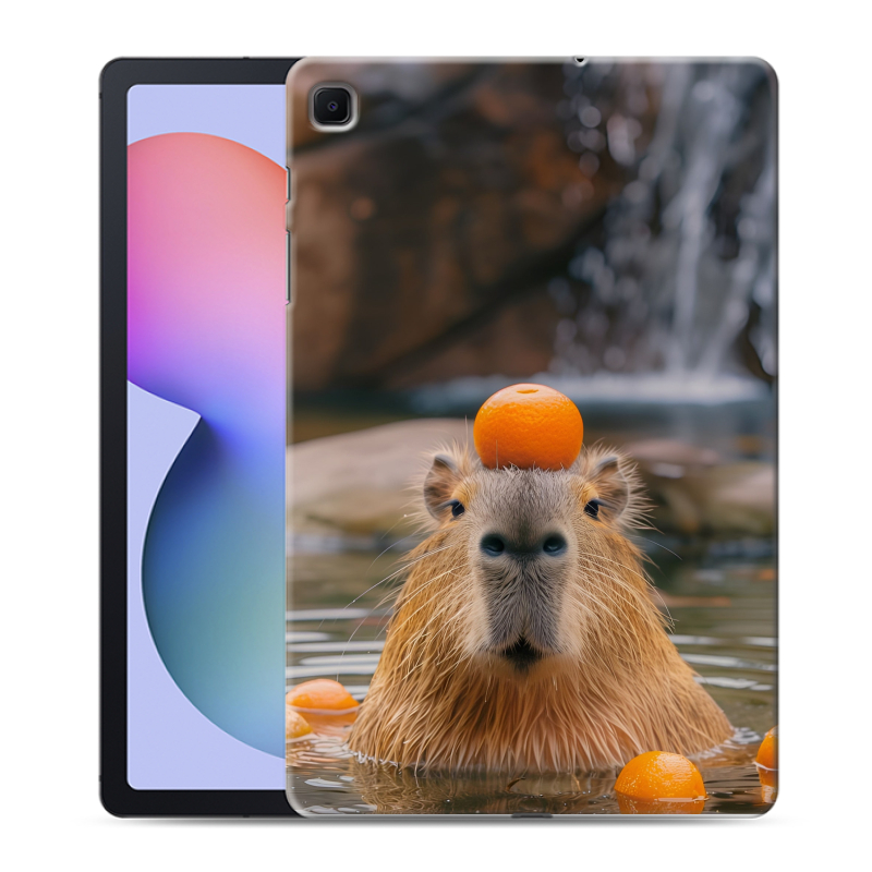 Силиконовый противоударный чехол на Samsung Galaxy Tab S6 Lite с принтом Капибара с апельсином Силиконовый противоударный чехол на Samsung Galaxy Tab S6 Lite с принтом Капибара с апельсином
