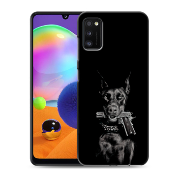 Силиконовый чехол на Samsung Galaxy A41 с принтом Доберман и пистолет Силиконовый чехол на Samsung Galaxy A41 с принтом Доберман и пистолет
