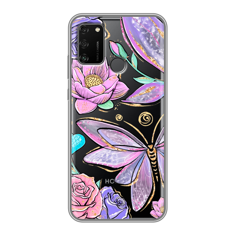 Силиконовый чехол на Huawei Honor 9A с принтом Бабочки и цветы Силиконовый чехол на Huawei Honor 9A с принтом Бабочки и цветы