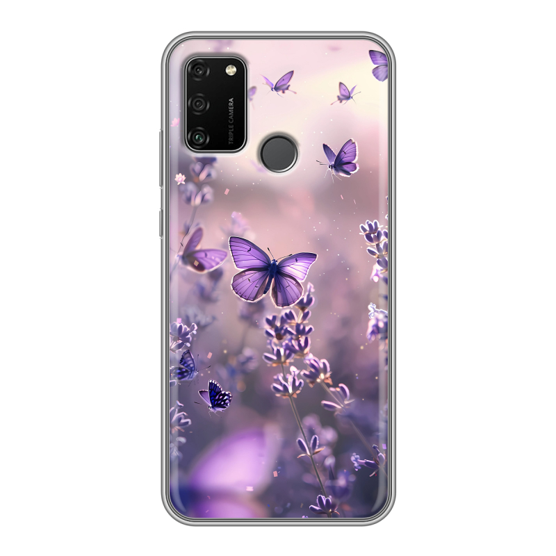 Силиконовый противоударный чехол на Huawei Honor 9A с принтом бабочки и лаванда Силиконовый противоударный чехол на Huawei Honor 9A с принтом бабочки и лаванда