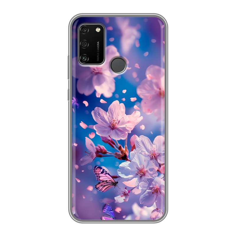 Силиконовый чехол на Huawei Honor 9A с принтом цветы бабочки Силиконовый чехол на Huawei Honor 9A с принтом цветы бабочки