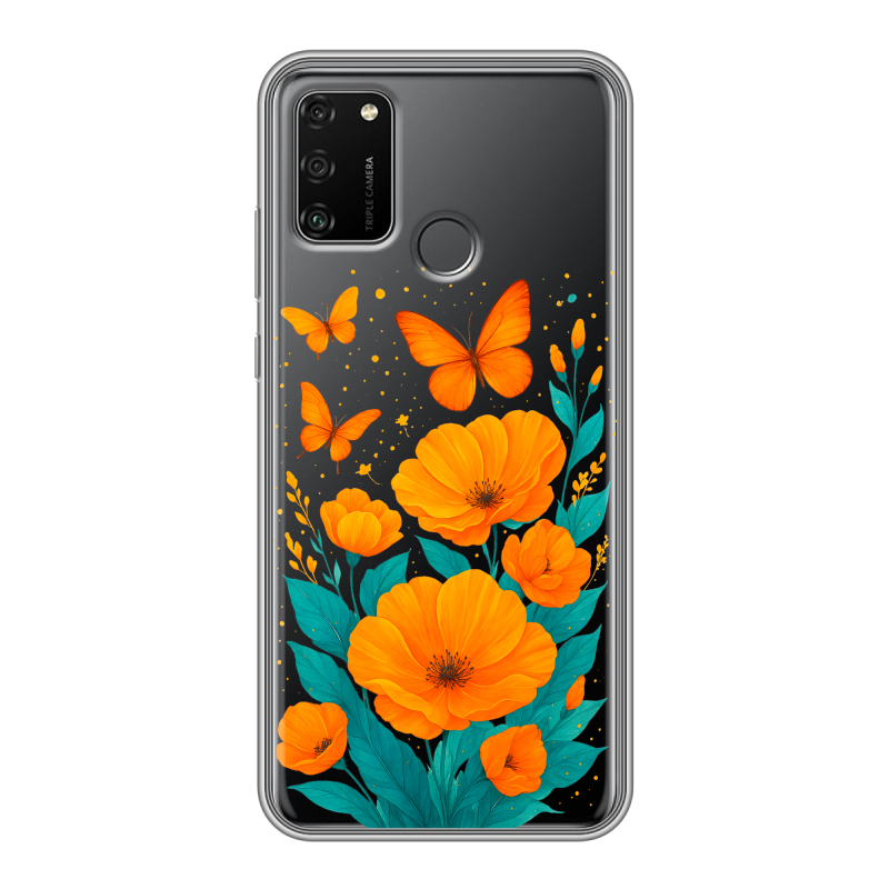 Силиконовый чехол на Huawei Honor 9A с принтом цветы бабочки Силиконовый чехол на Huawei Honor 9A с принтом цветы бабочки