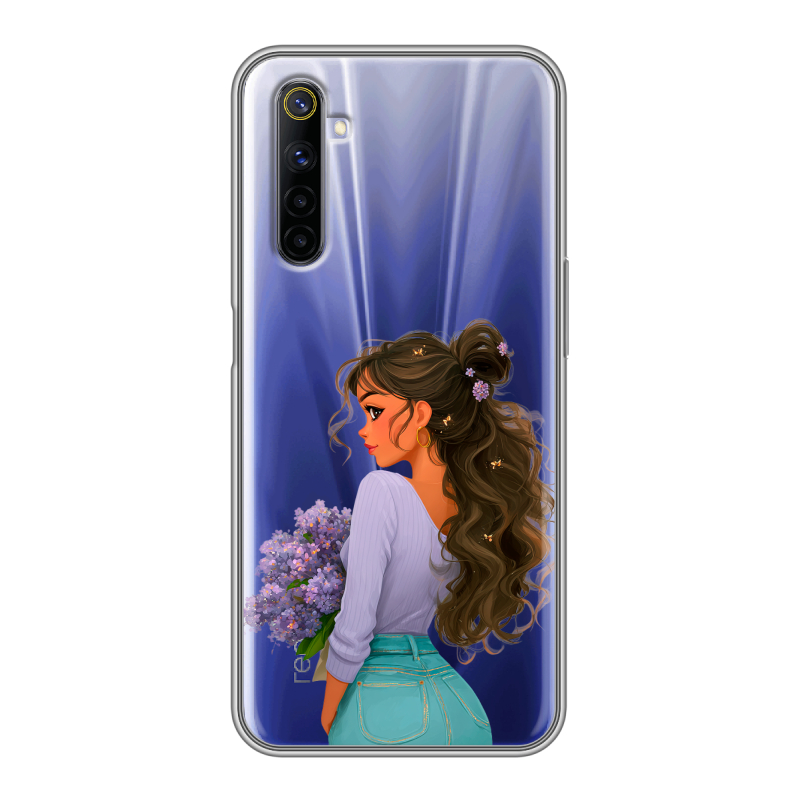 Силиконовый противоударный чехол на Realme 6 с принтом девушка цветы Силиконовый противоударный чехол на Realme 6 с принтом девушка цветы
