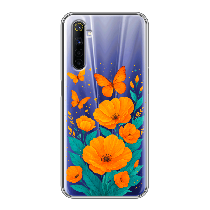 Силиконовый противоударный чехол на Realme 6 с принтом цветы бабочки Силиконовый противоударный чехол на Realme 6 с принтом цветы бабочки