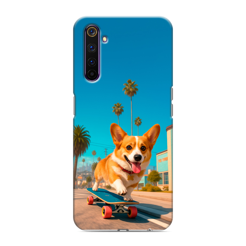 Силиконовый противоударный чехол на Realme 6 Pro с принтом Корги на скейте Силиконовый противоударный чехол на Realme 6 Pro с принтом Корги на скейте
