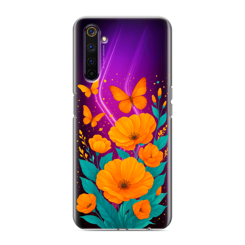 Силиконовый противоударный чехол на Realme 6 Pro с принтом цветы бабочки Силиконовый противоударный чехол на Realme 6 Pro с принтом цветы бабочки