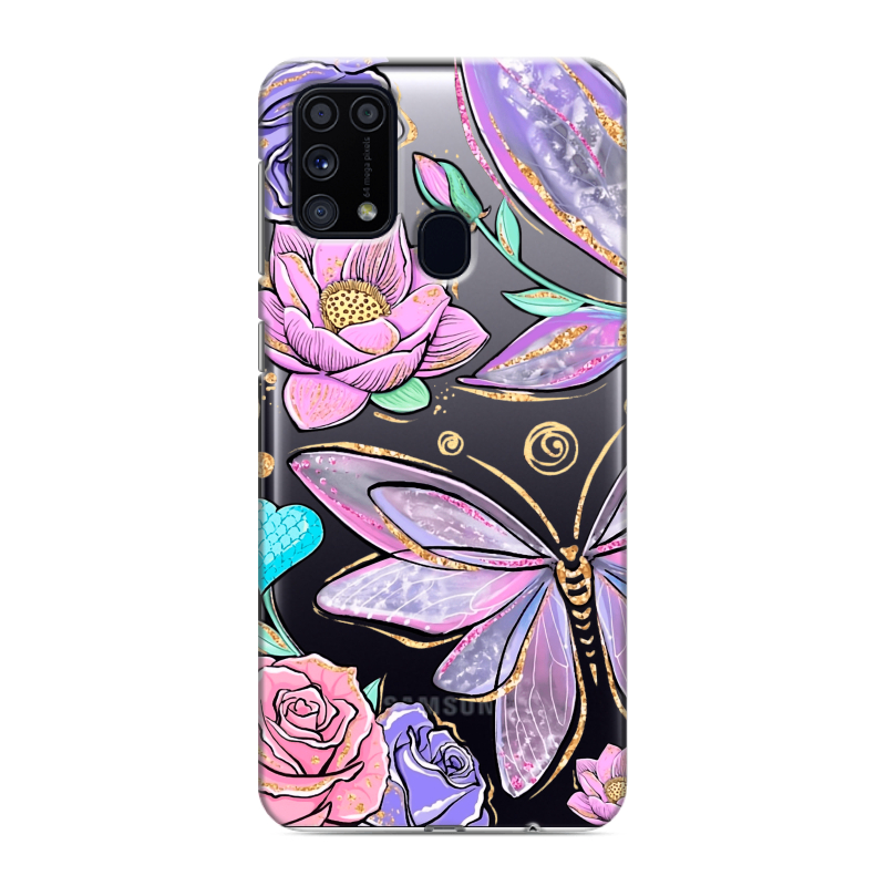 Силиконовый противоударный чехол на Samsung Galaxy M31 с принтом Бабочки и цветы Силиконовый противоударный чехол на Samsung Galaxy M31 с принтом Бабочки и цветы