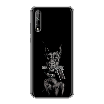Силиконовый чехол на Huawei Y8p с принтом Доберман и пистолет Силиконовый чехол на Huawei Y8p с принтом Доберман и пистолет