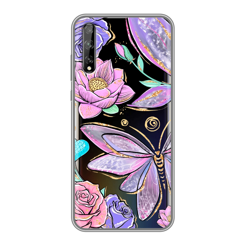 Пластиковый чехол на Huawei Y8p с принтом Бабочки и цветы Пластиковый чехол на Huawei Y8p с принтом Бабочки и цветы