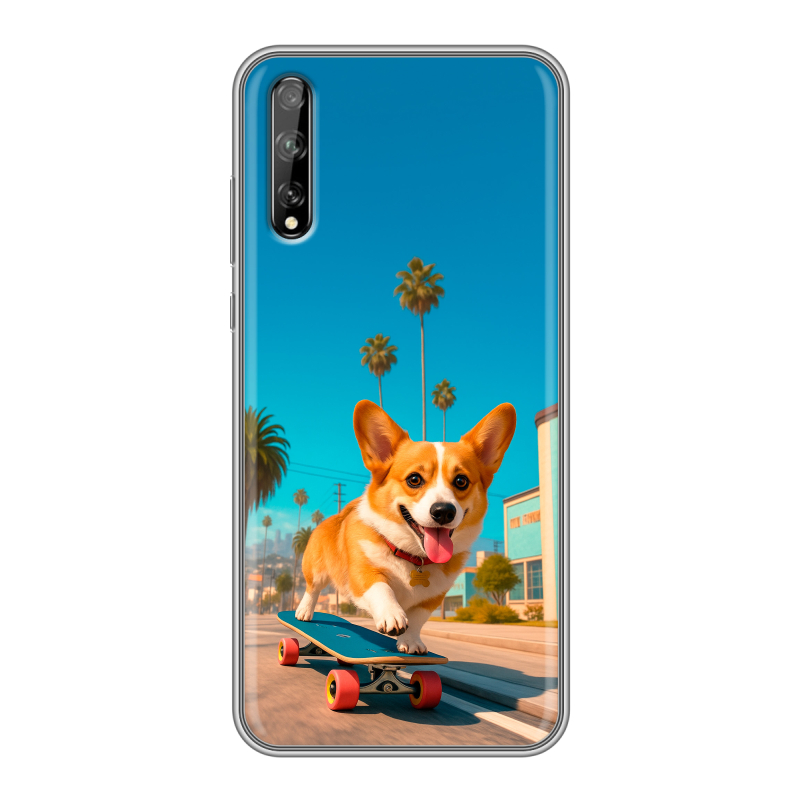 Силиконовый противоударный чехол на Huawei Y8p с принтом Корги на скейте Силиконовый противоударный чехол на Huawei Y8p с принтом Корги на скейте