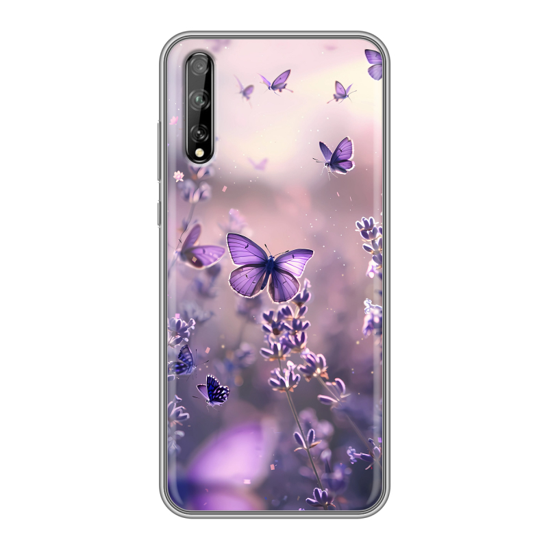 Силиконовый чехол на Huawei Y8p с принтом бабочки и лаванда Силиконовый чехол на Huawei Y8p с принтом бабочки и лаванда
