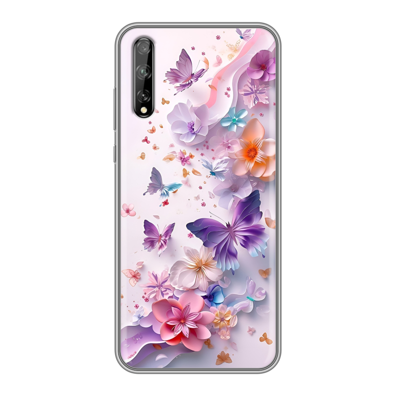 Силиконовый противоударный чехол на Huawei Y8p с принтом цветы бабочки Силиконовый противоударный чехол на Huawei Y8p с принтом цветы бабочки