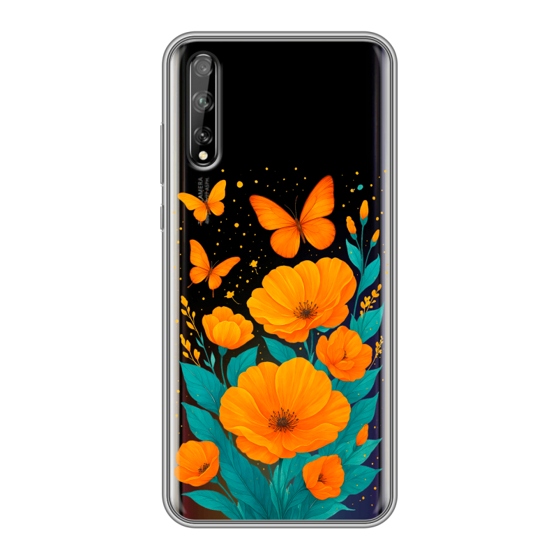 Силиконовый противоударный чехол на Huawei Y8p с принтом цветы бабочки Силиконовый противоударный чехол на Huawei Y8p с принтом цветы бабочки