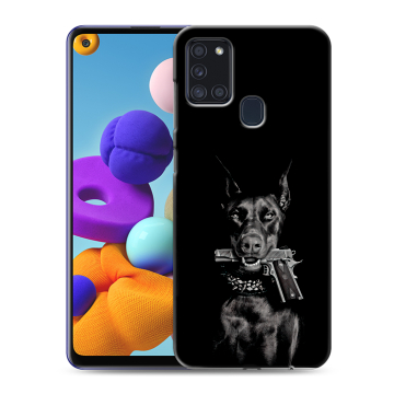 Силиконовый чехол на Samsung Galaxy A21s с принтом Доберман и пистолет