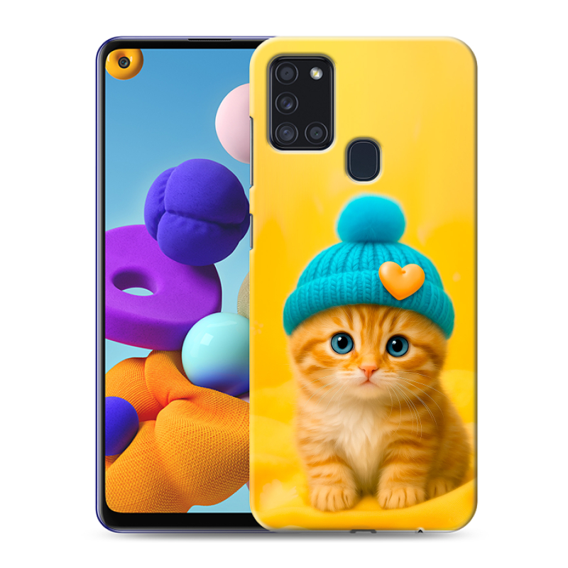 Силиконовый противоударный чехол на Samsung Galaxy A21s с принтом Котенок в шапке Силиконовый противоударный чехол на Samsung Galaxy A21s с принтом Котенок в шапке