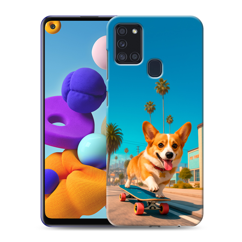 Силиконовый чехол на Samsung Galaxy A21s с принтом Корги на скейте Силиконовый чехол на Samsung Galaxy A21s с принтом Корги на скейте