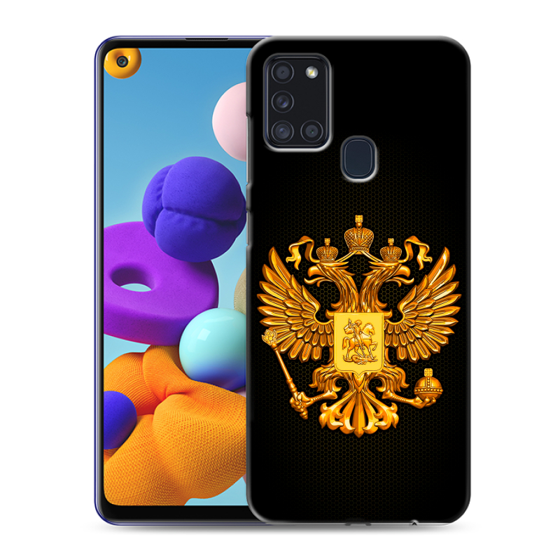 Силиконовый чехол на Samsung Galaxy A21s с принтом Герб России желтый Силиконовый чехол на Samsung Galaxy A21s с принтом Герб России желтый