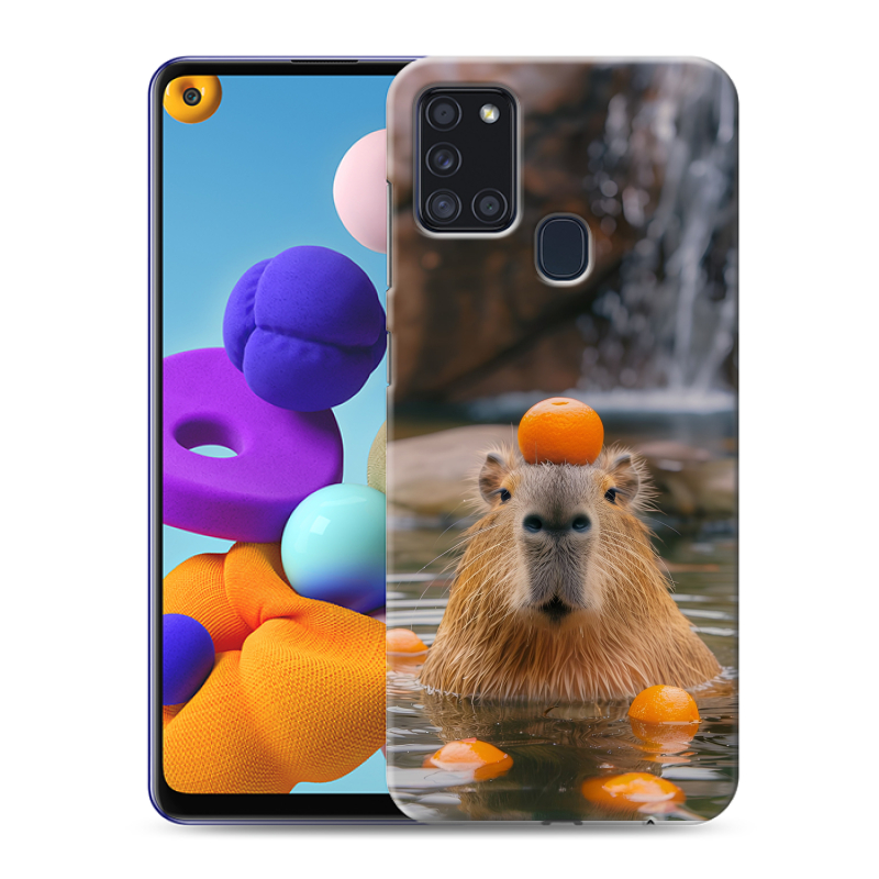 Пластиковый чехол на Samsung Galaxy A21s с принтом Капибара с апельсином Пластиковый чехол на Samsung Galaxy A21s с принтом Капибара с апельсином