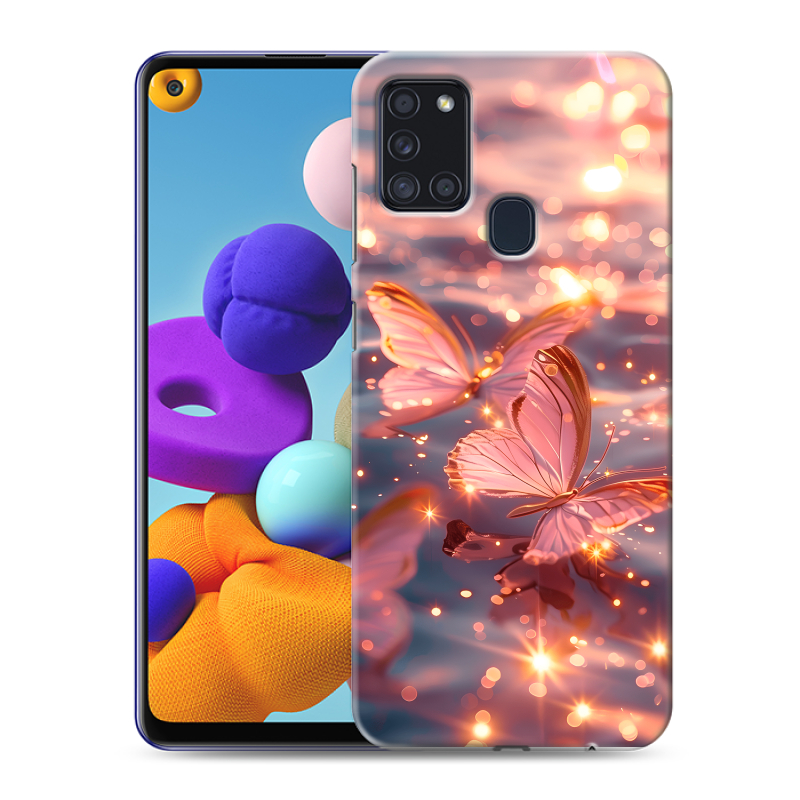 Силиконовый противоударный чехол на Samsung Galaxy A21s с принтом бабочки розовые Силиконовый противоударный чехол на Samsung Galaxy A21s с принтом бабочки розовые