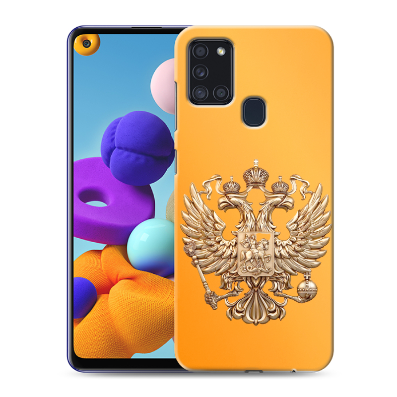Силиконовый противоударный чехол на Samsung Galaxy A21s с принтом Герб Флаг России Силиконовый противоударный чехол на Samsung Galaxy A21s с принтом Герб Флаг России